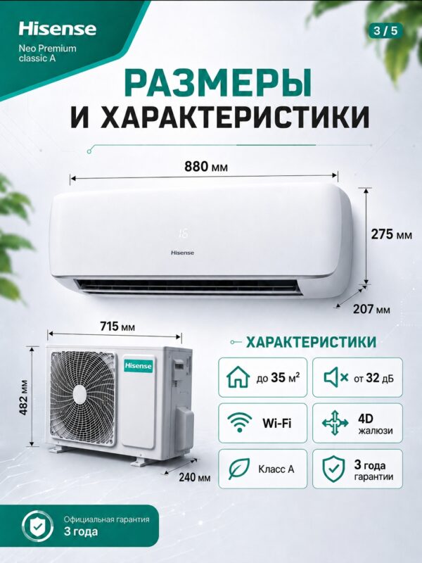 Сплит-система Hisense NEO Premium Classic A Wi‑Fi AS-13HW4SVDTG5 до 37 м²