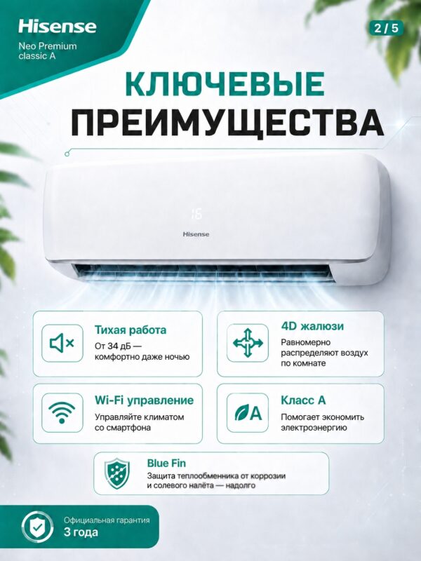 Сплит-система Hisense NEO Premium Classic A Wi‑Fi AS-18HW4SMATG015 до 53 м²
