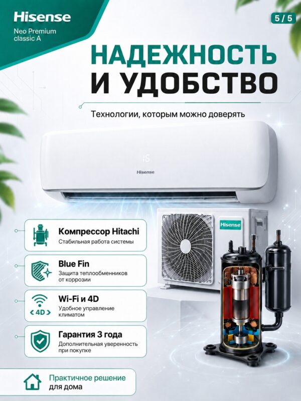 Сплит-система Hisense NEO Premium Classic A Wi‑Fi AS-13HW4SVDTG5 до 37 м²