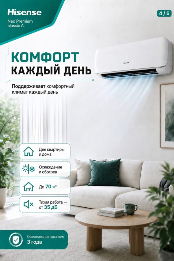 Сплит-система Hisense NEO Premium Classic A Wi‑Fi AS-24HW4SBATG005 до 72 м²
