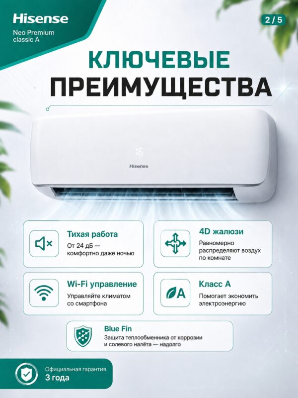 Сплит-система Hisense NEO Premium Classic A Wi‑Fi AS-10HW4SYDTG5 до 27 м²