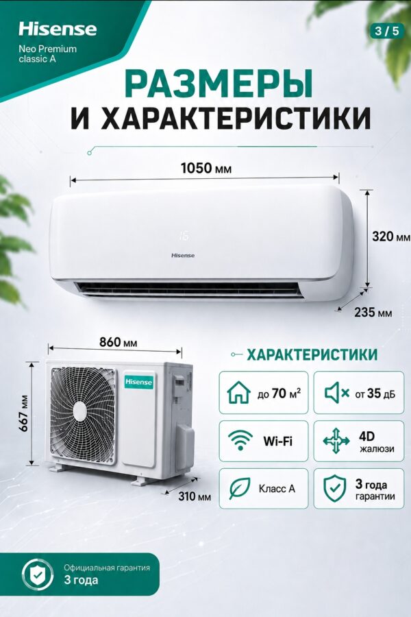 Сплит-система Hisense NEO Premium Classic A Wi‑Fi AS-24HW4SBATG005 до 72 м²