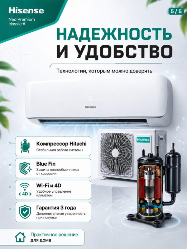 Сплит-система Hisense NEO Premium Classic A Wi‑Fi AS-10HW4SYDTG5 до 27 м²