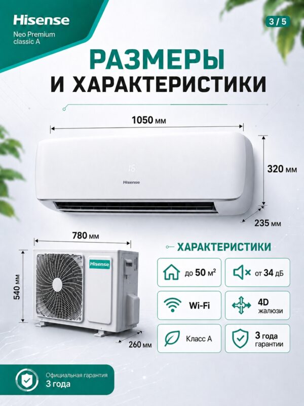 Сплит-система Hisense NEO Premium Classic A Wi‑Fi AS-18HW4SMATG015 до 53 м²
