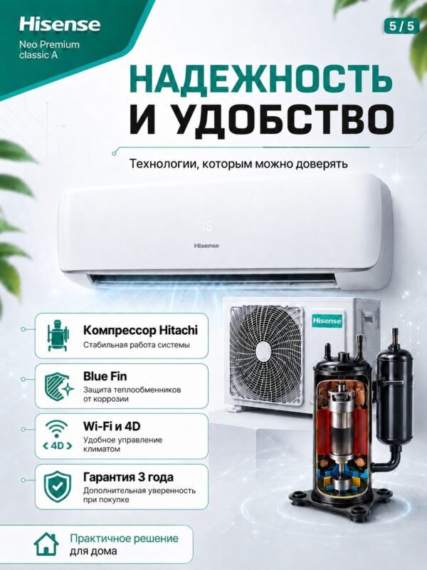 Сплит-система Hisense NEO Premium Classic A Wi‑Fi AS-18HW4SMATG015 до 53 м²