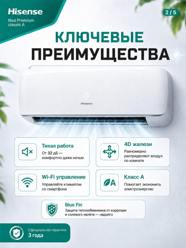 Сплит-система Hisense NEO Premium Classic A Wi‑Fi AS-13HW4SVDTG5 до 37 м²