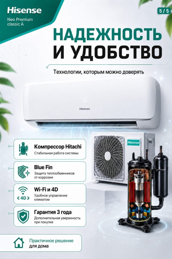 Сплит-система Hisense NEO Premium Classic A Wi‑Fi AS-24HW4SBATG005 до 72 м²