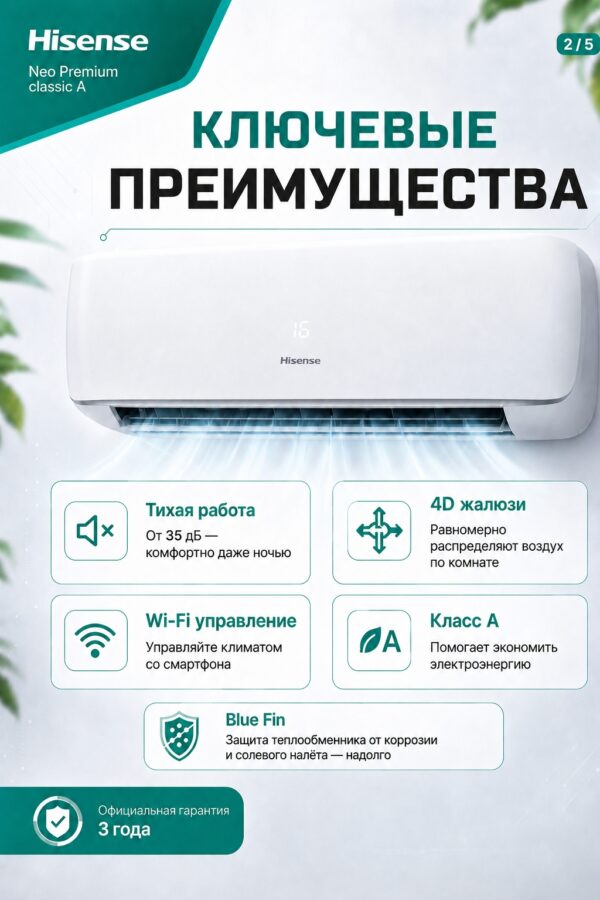 Сплит-система Hisense NEO Premium Classic A Wi‑Fi AS-24HW4SBATG005 до 72 м²