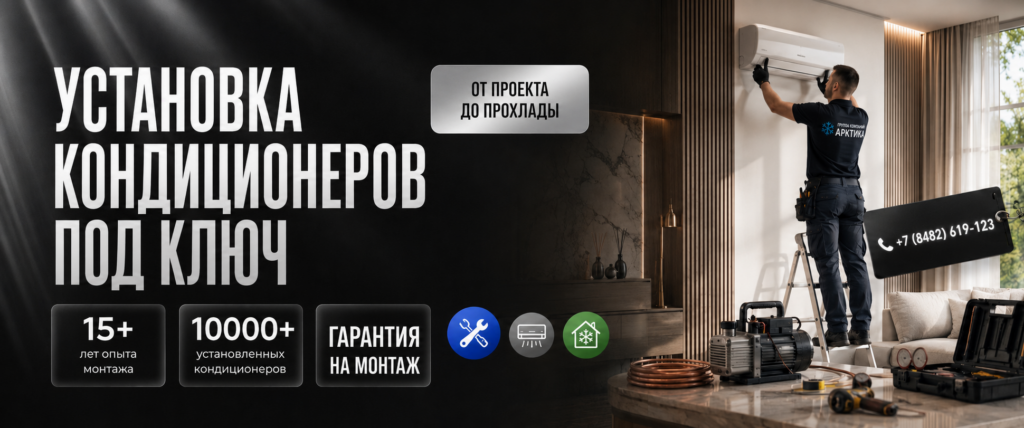 Баннер «Установка кондиционеров под ключ» с монтажником за работой