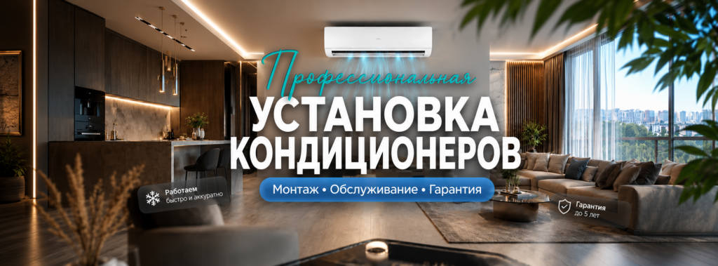 Баннер «Установка кондиционеров» с интерьером гостиной